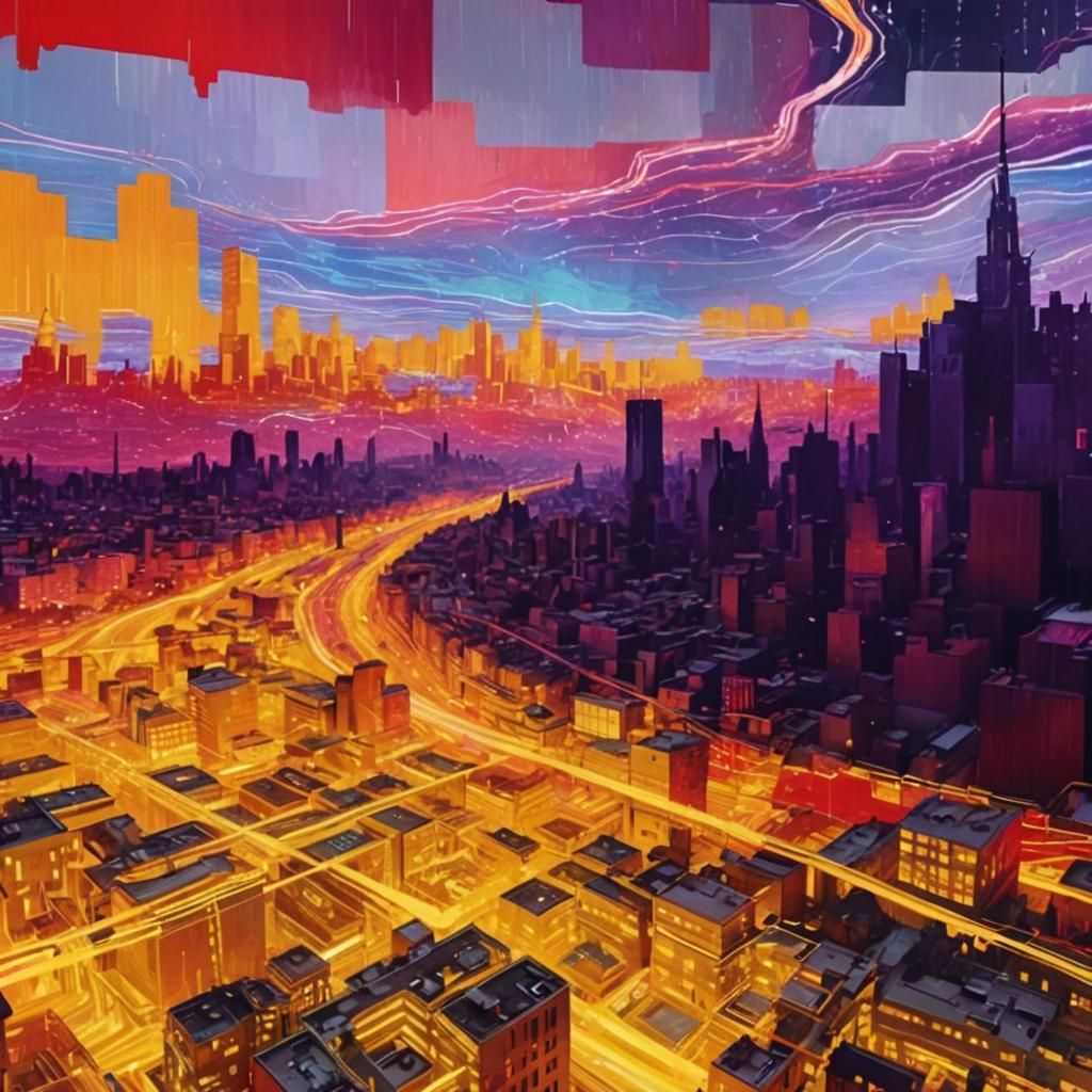 Glitched Cityscape in Surrealist Pixelated Style