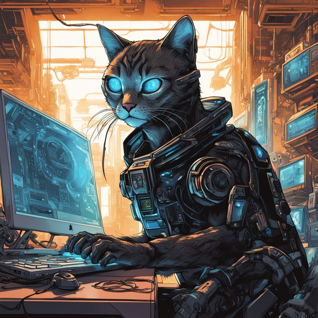 Futuristic Robot Cat Plays with Computer Mouse in Cyberpunk....