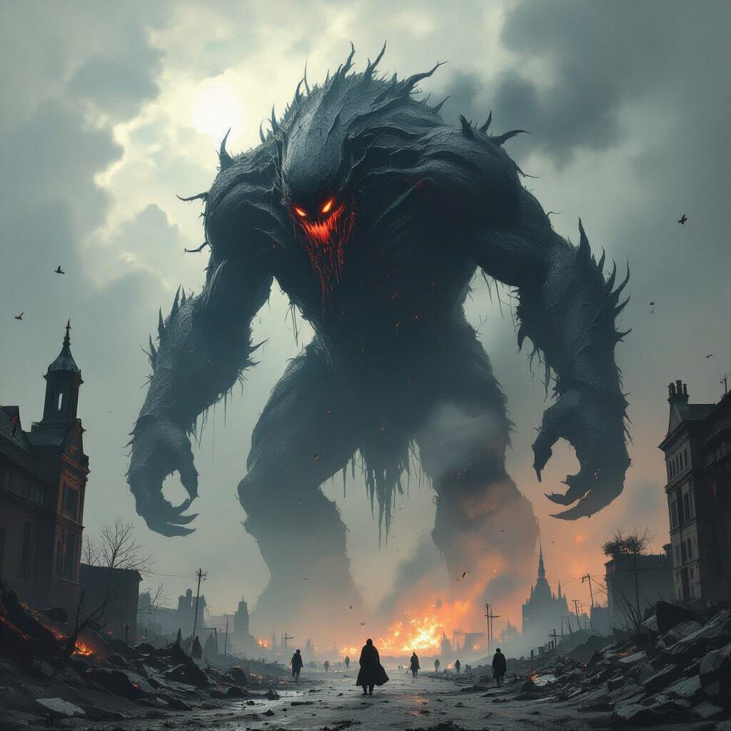 Colossal Titan Wreaks Havoc in Gothic Horror Scene