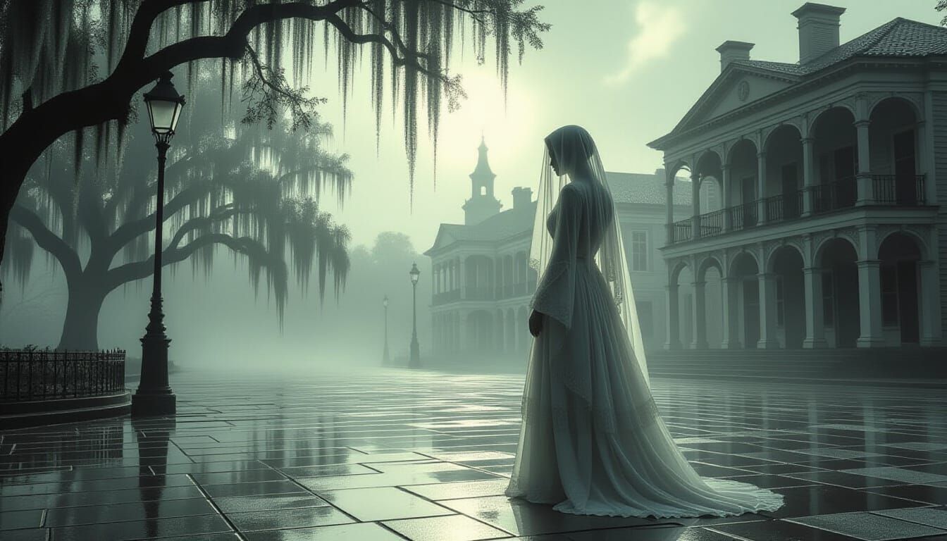 Translucent Ghost Haunts Savannah Square in Dark Romanticism