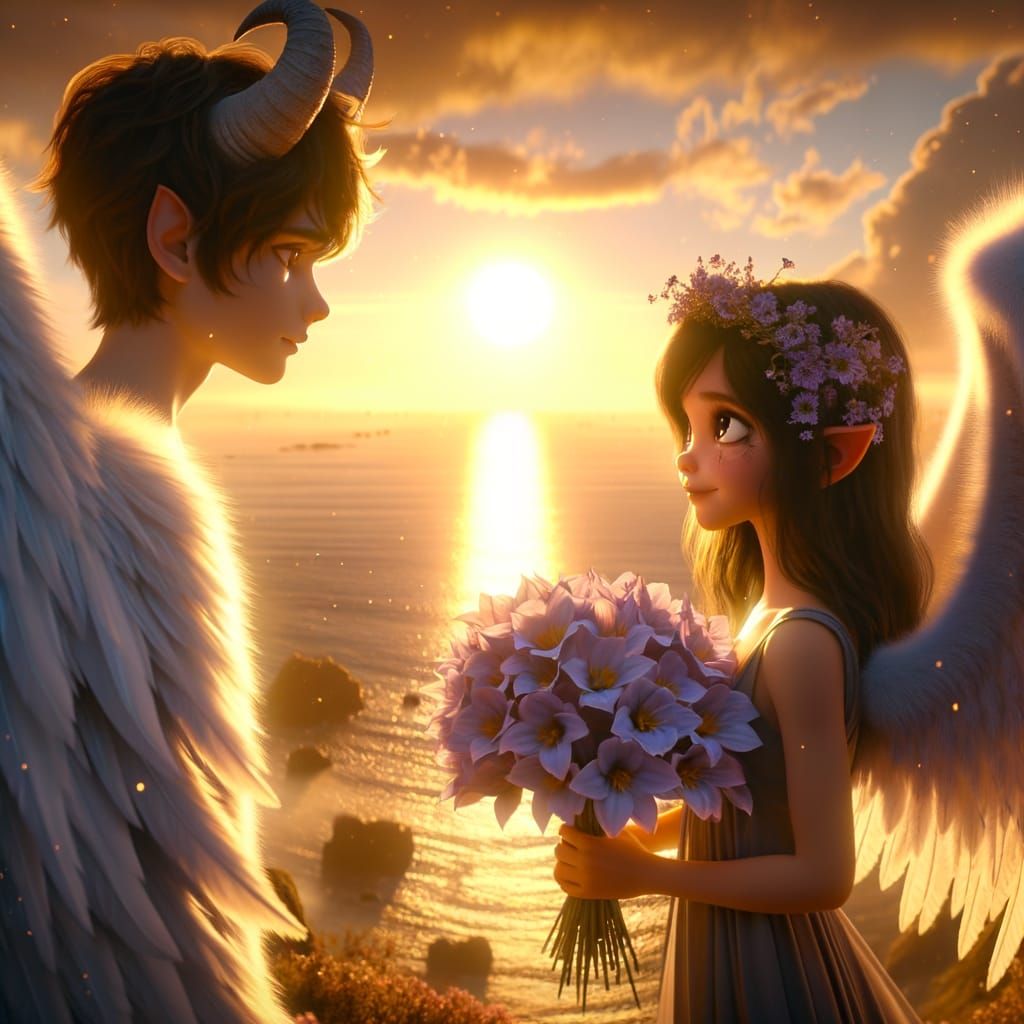Girl Demon & Boy Angel Romantic Sunrise Scene