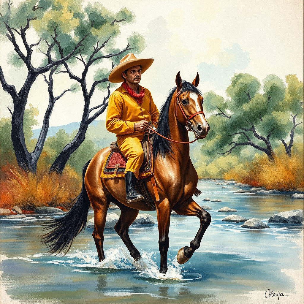 Charro in California: Gouache and Watercolor Masterpiece