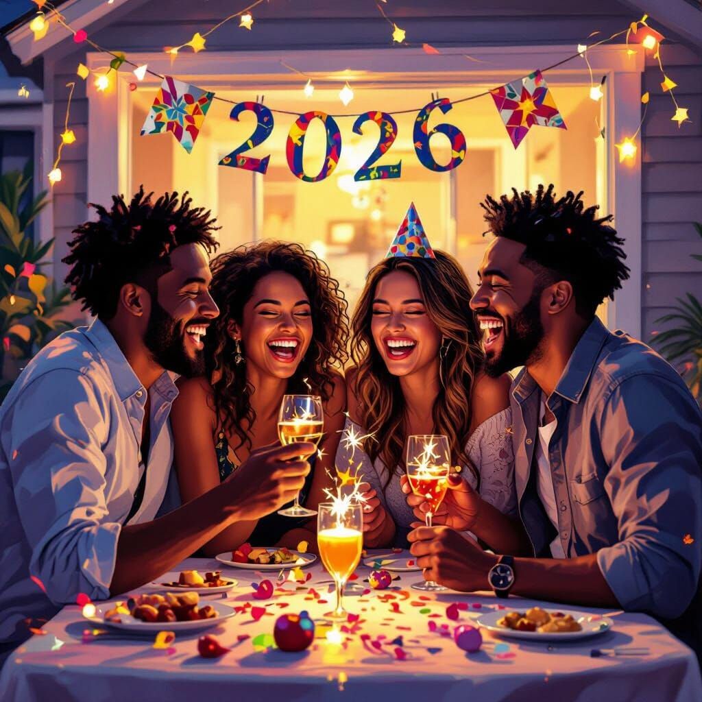 Friends Celebrate New Year's Eve 2026 in Oil Painting Style