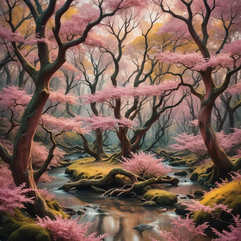 Surreal Pink Tree Forest Landscape in Impressionist Style