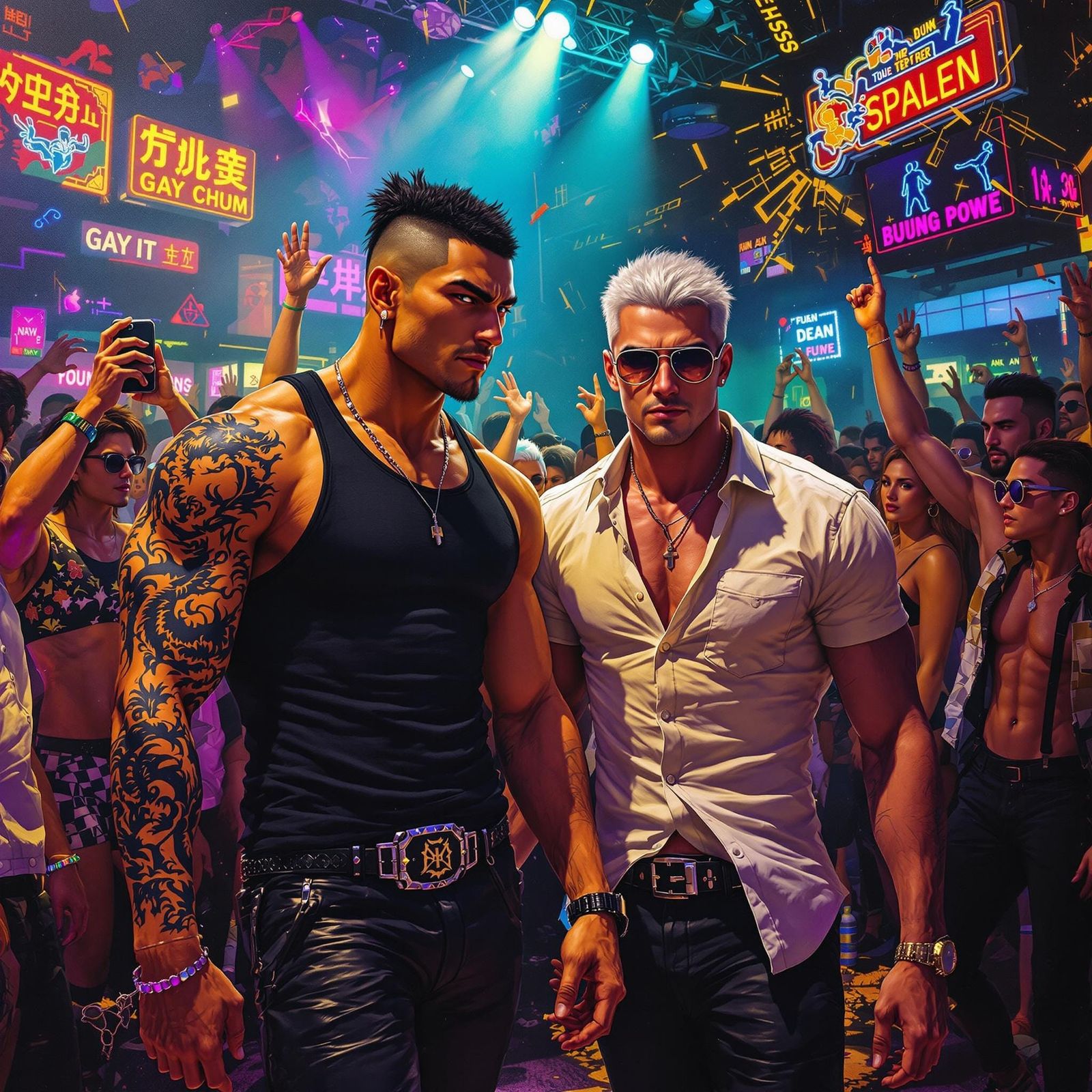 Gay Club Entrance with Dragon Tattoo in Gouache Style