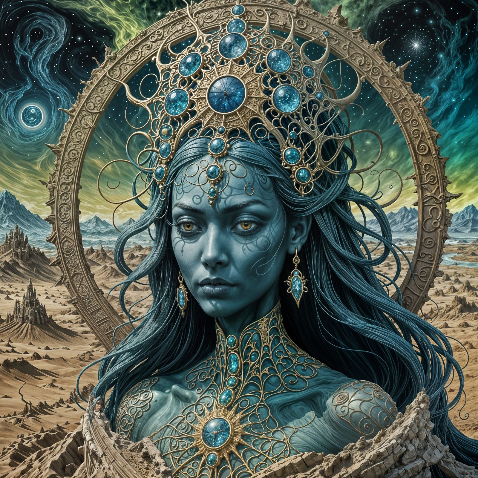 Celestial Goddess Harvesting Time in Surreal Landscape