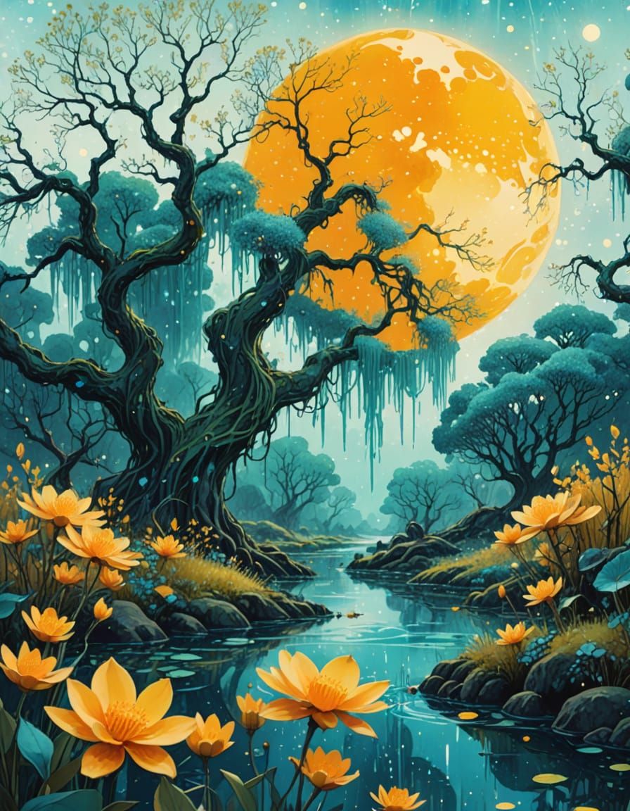 Magical Swamp Landscape in Watercolor and Ink Style