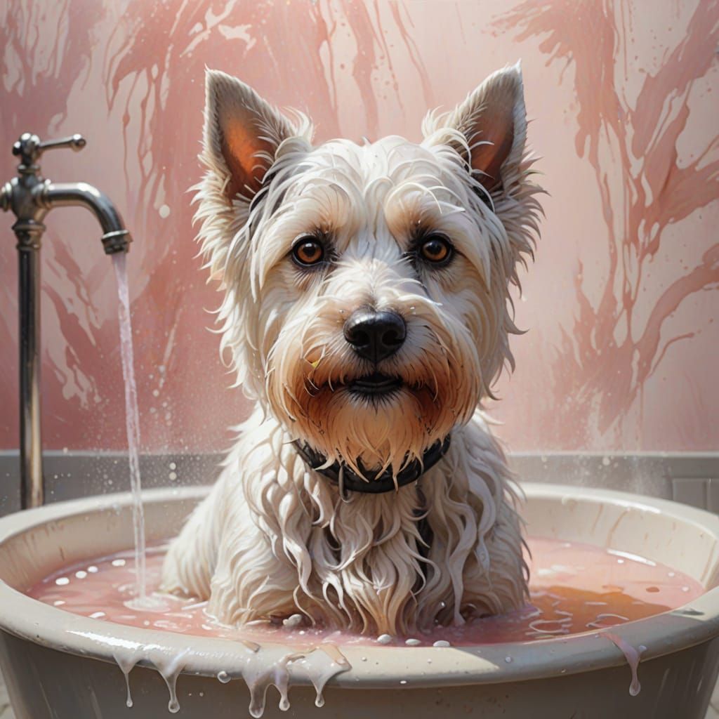 Gentle Bath Time: White Terrier in Soft Ink Wash Painting