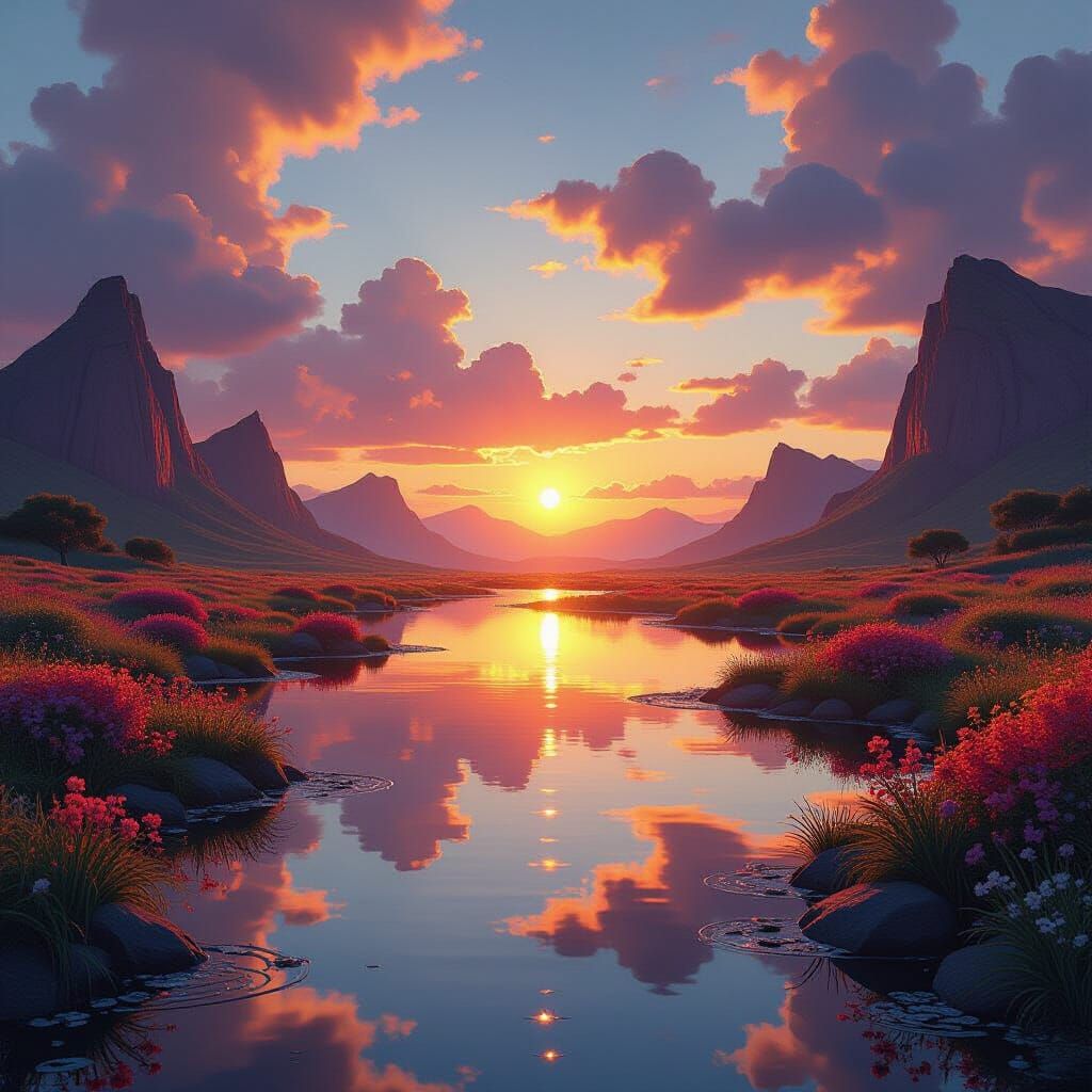 Ethereal Golden Hour Landscape Digital Painting