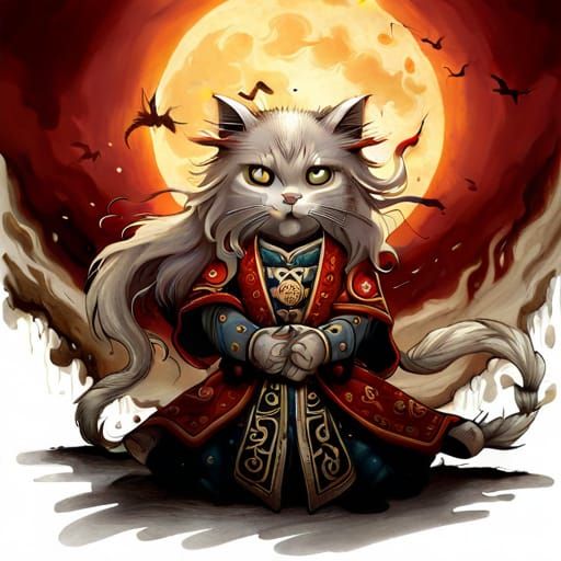 Cat Samurai Pyromancer War: Ethereal Fantasy Art