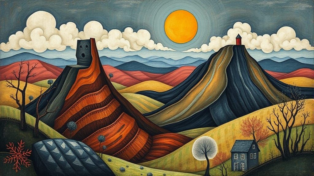 Escher-Inspired Maori Landscape with Flipped Perspective