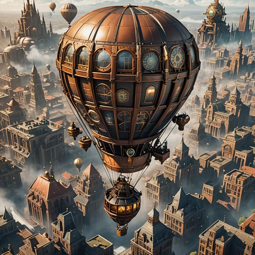 Steampunk Hot Air Balloon Over Futuristic City