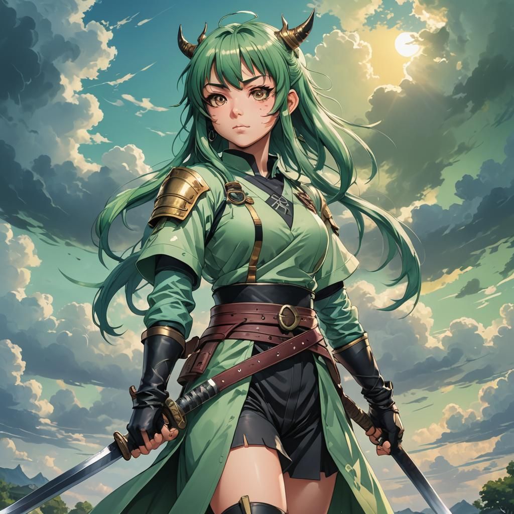 Anime Girl Hero with Katana in Japanese Watercolor Style