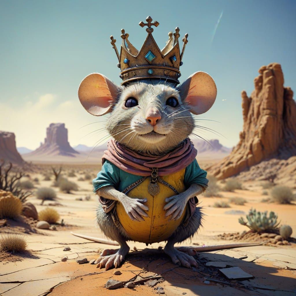 Mouse Rides Cartoon Cat Across Surreal Desert in Exaggerated...