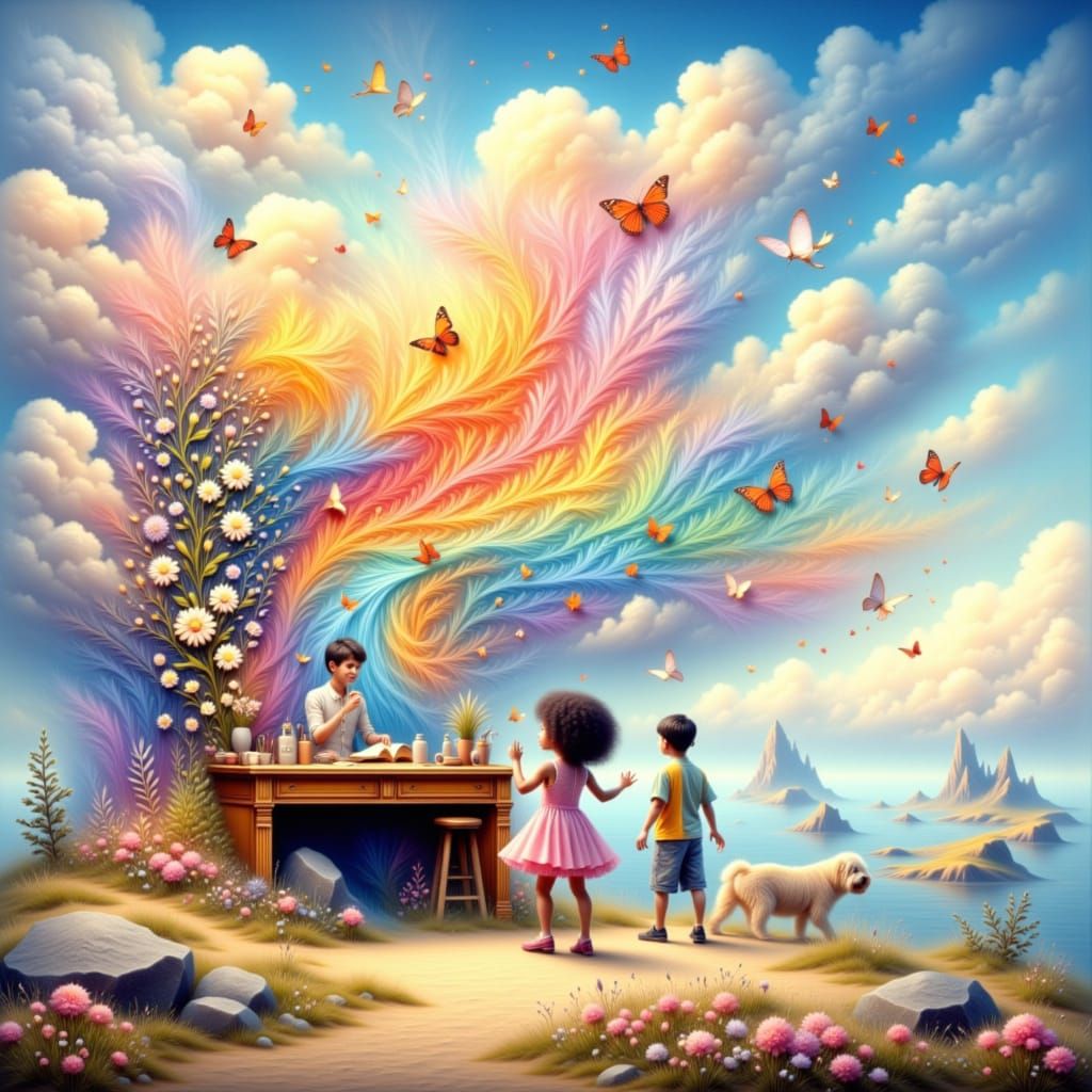 <lora:Surreal:1.0> <lora:Surreal abstract art:1.0> Pastel swirling white clouds, swirl around. A huge desk sits on a wi...