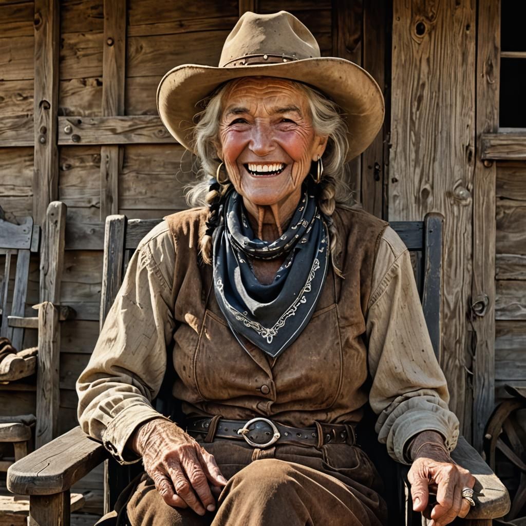 Grizzled Western Woman with Dog in Nostalgic Scene