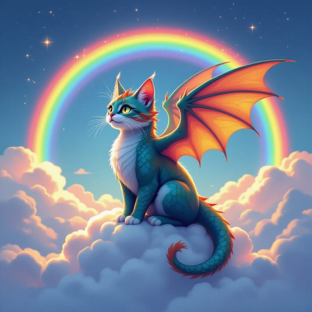 Whimsical Cat Dragon Perched on Cloud