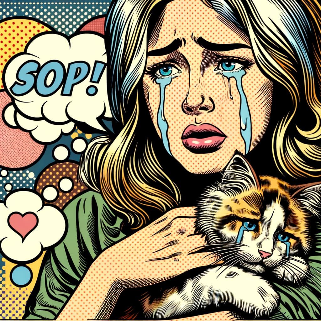 Woman and Calming Cat in Vintage Comic Style