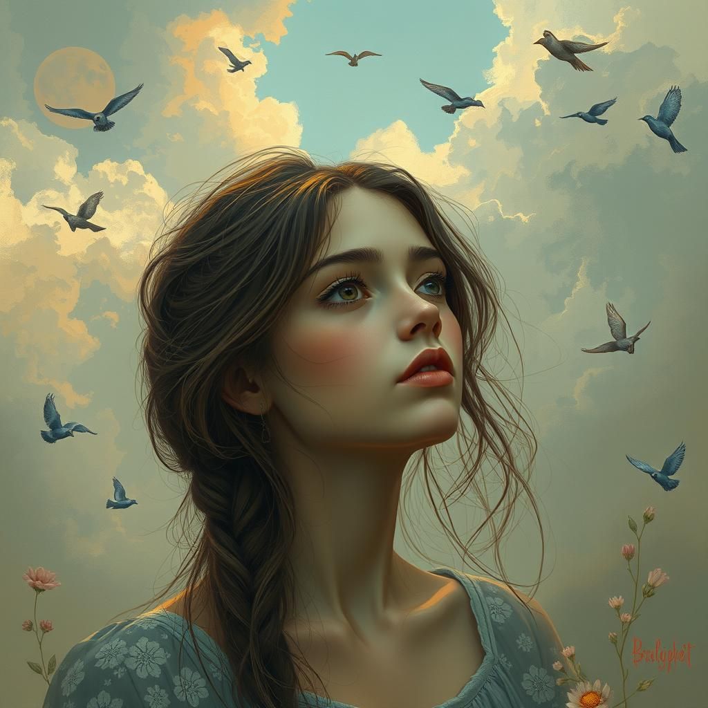 Introspective Woman in Surreal Dreamscape