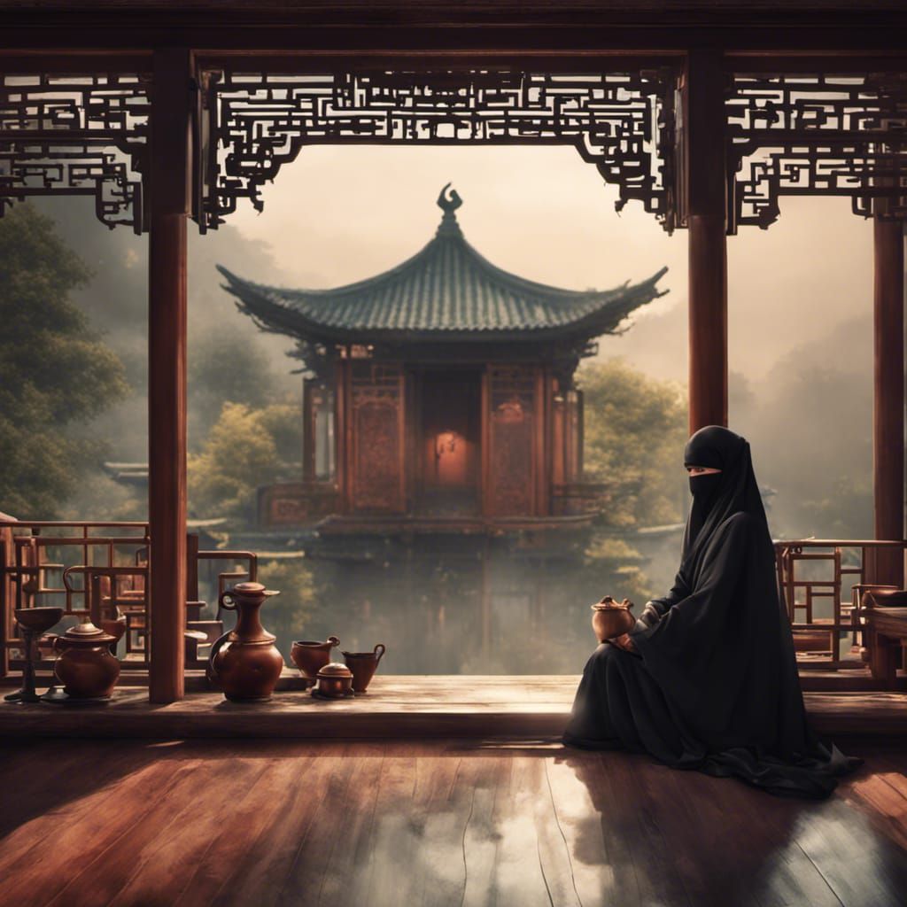 Niqab Woman in Chinese Tea House: Digital Painting