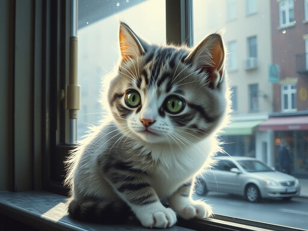 Whiskered Feline Watches Rainy City Scene in Stipple Film No...