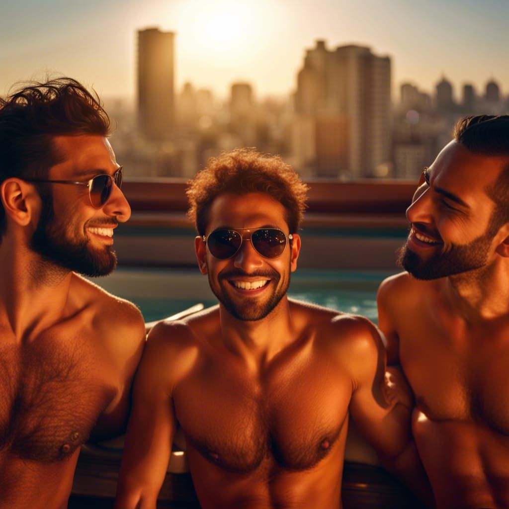 Lebanese Men Enjoying Rooftop Hot Tub at Sunset