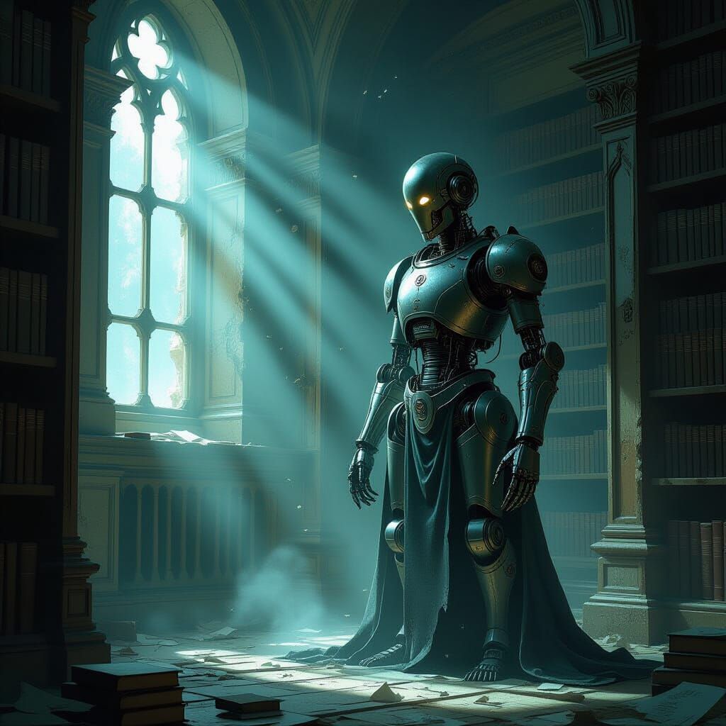 Crumbling Automaton Guards Forgotten Library in Dark Fantasy...