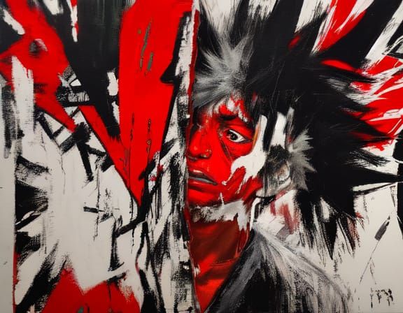 Neo-Primitivist Boy and Dog in Urban Landscape