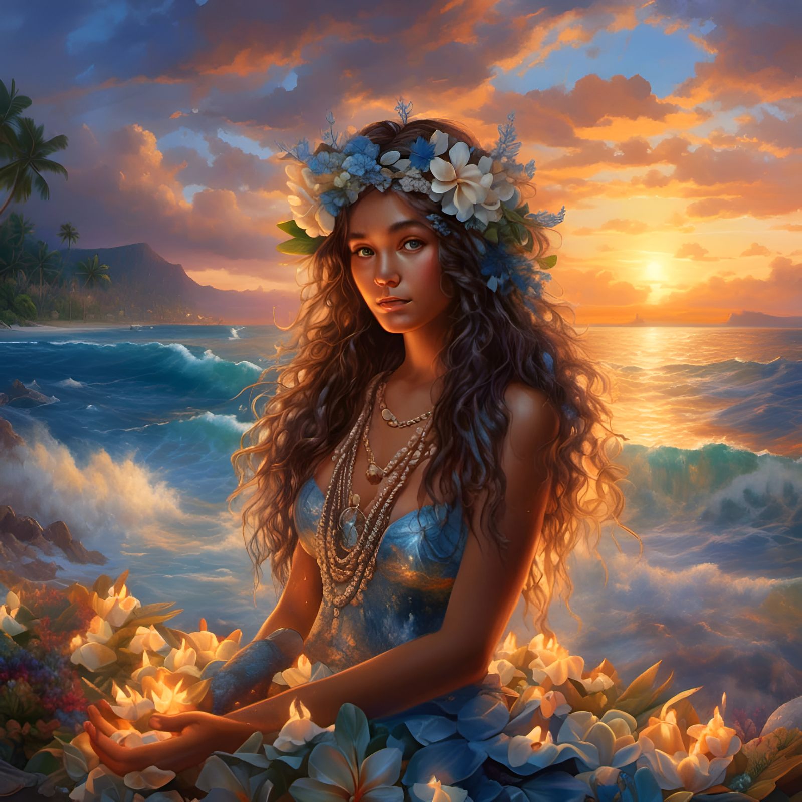 Radiant Tahitian Girl with Shell at Sunset