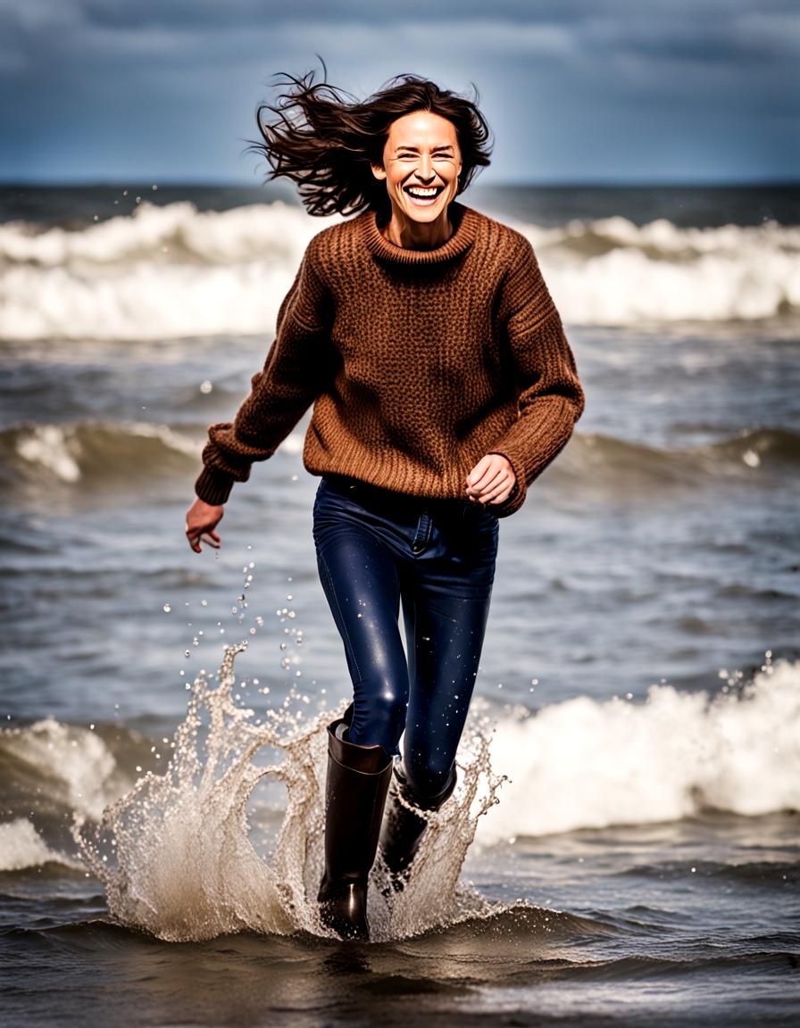 Brunette Wades in Sea Wearing Wet Clothes