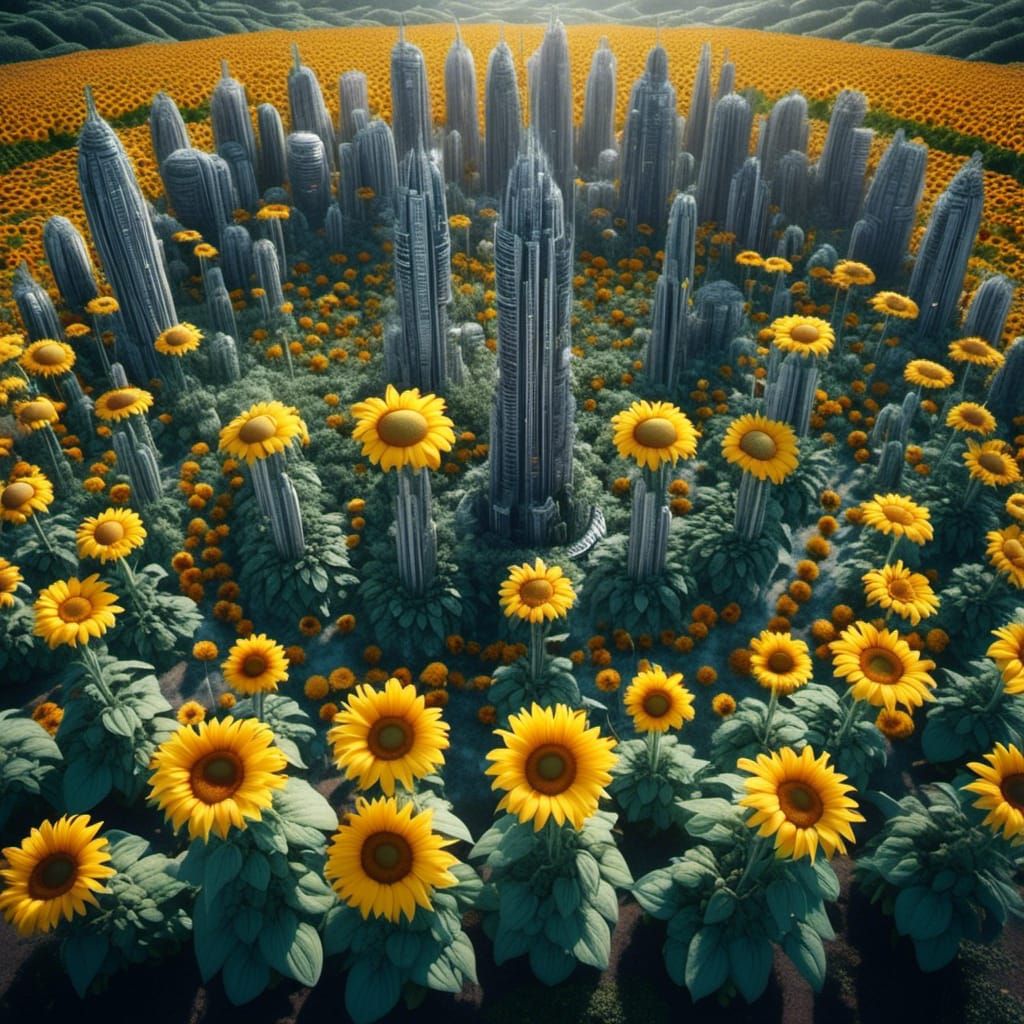 Sunflowers Bloom with Miniature Cities