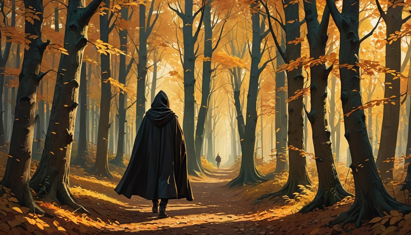 Cloaked Figure in Vibrant Autumn Forest