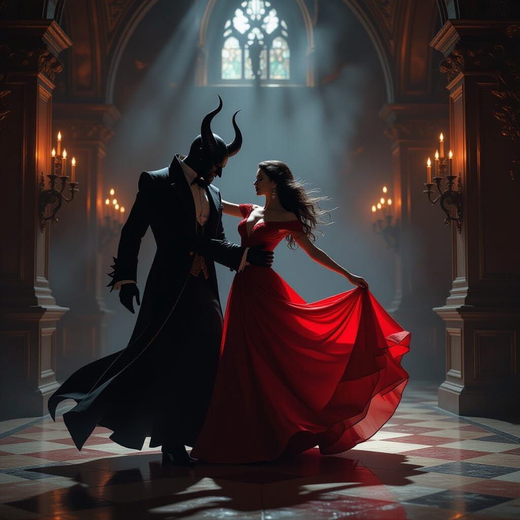 Figure Dances with Demonic Entity in Candlelit Ballroom