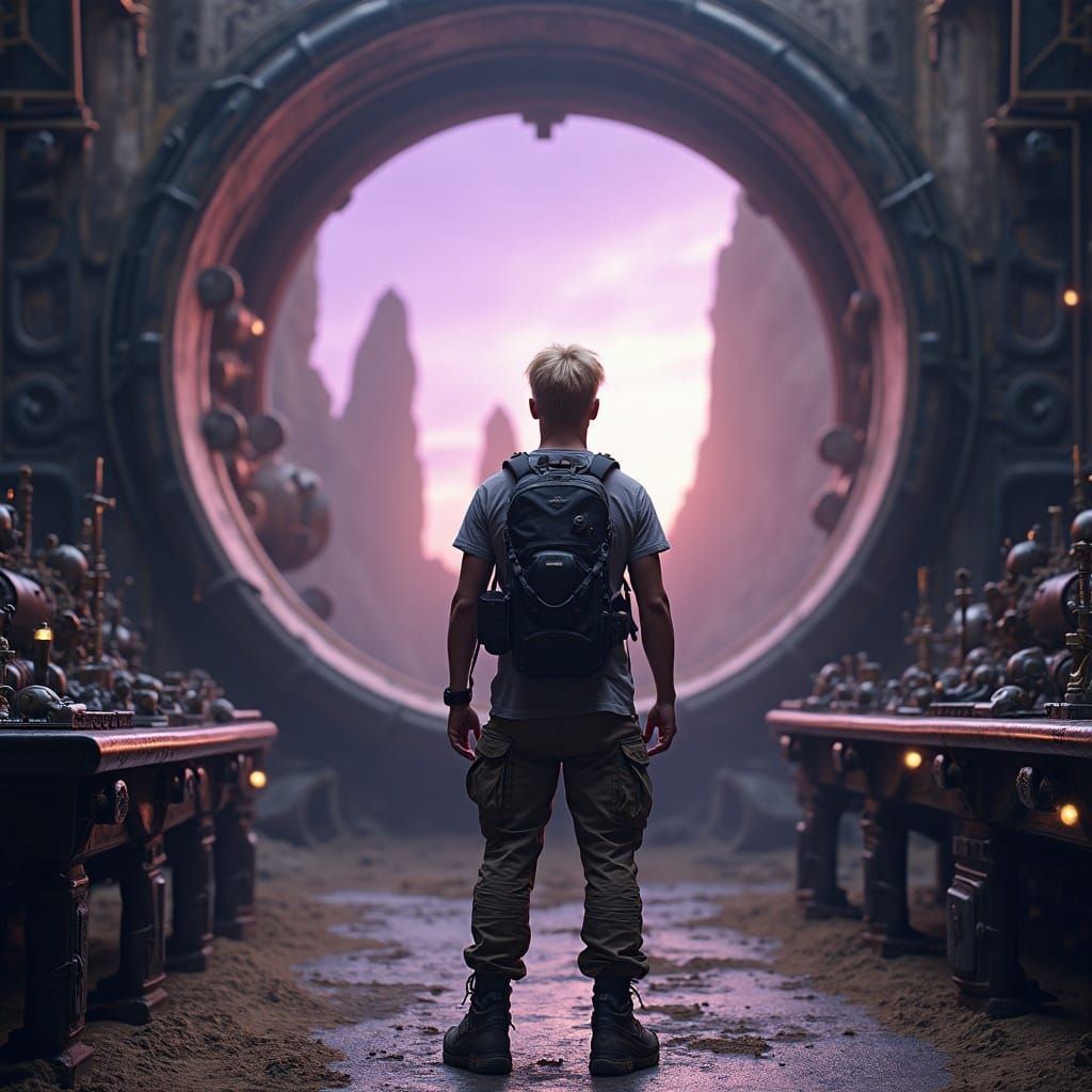 Man in Utility Vest at Steampunk Portal