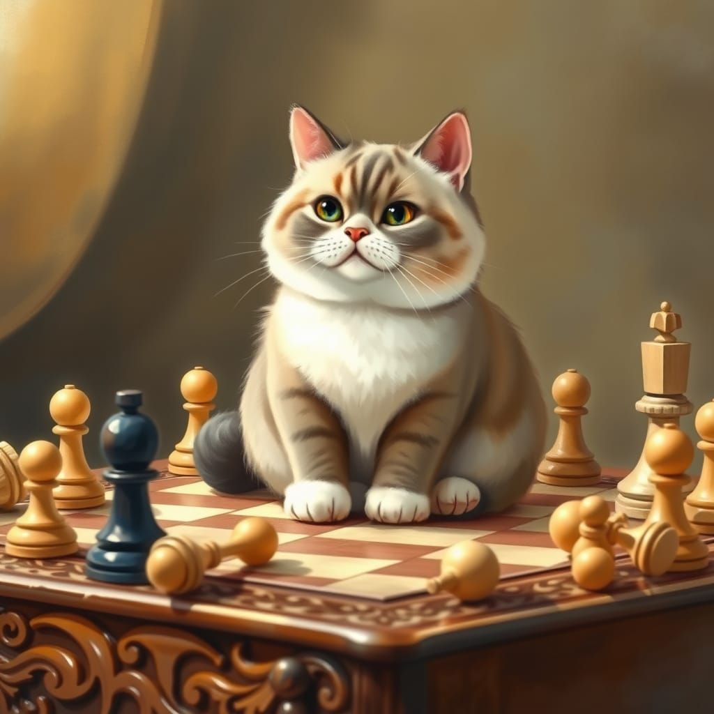 Whimsical Feline on Chessboard in Storybook Style