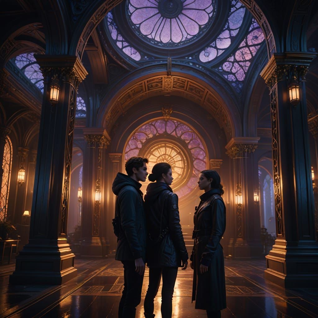 Mysterious Duo Amidst Futuristic Ruins