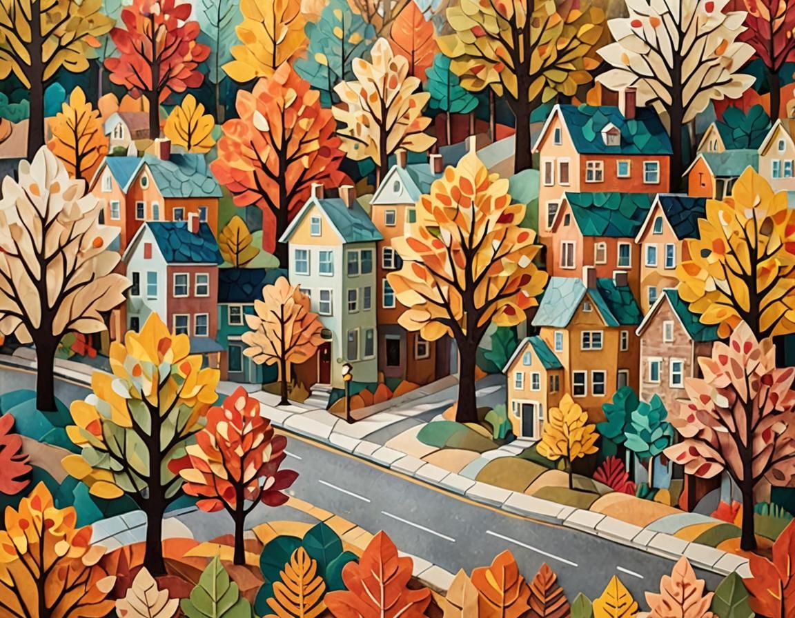 Autumn Town Streetscape in Colorful Paper Collage