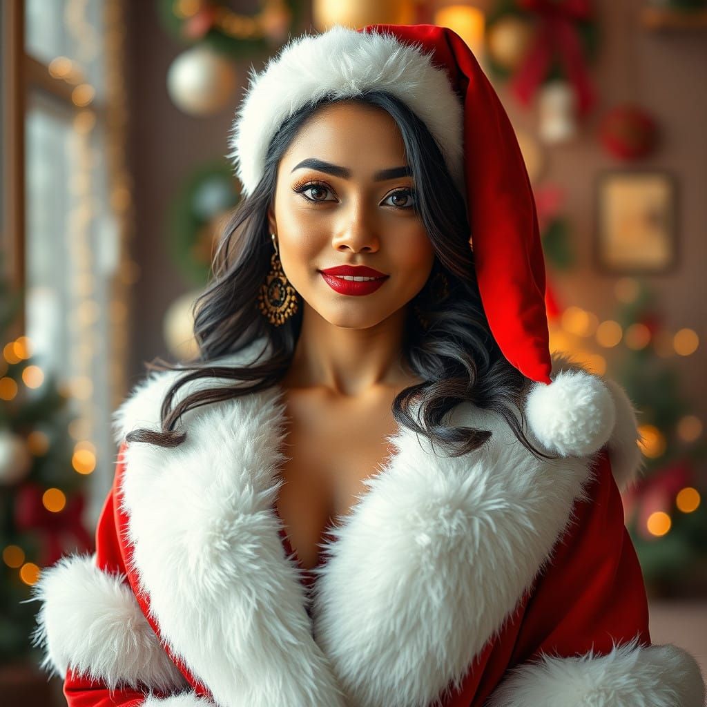 Christmas Pin-Up Ms. Claus in Luxurious Red Santa Robe