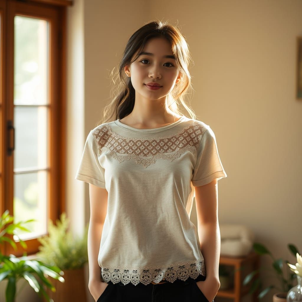 Elegant Young Woman in Sunlit Garden