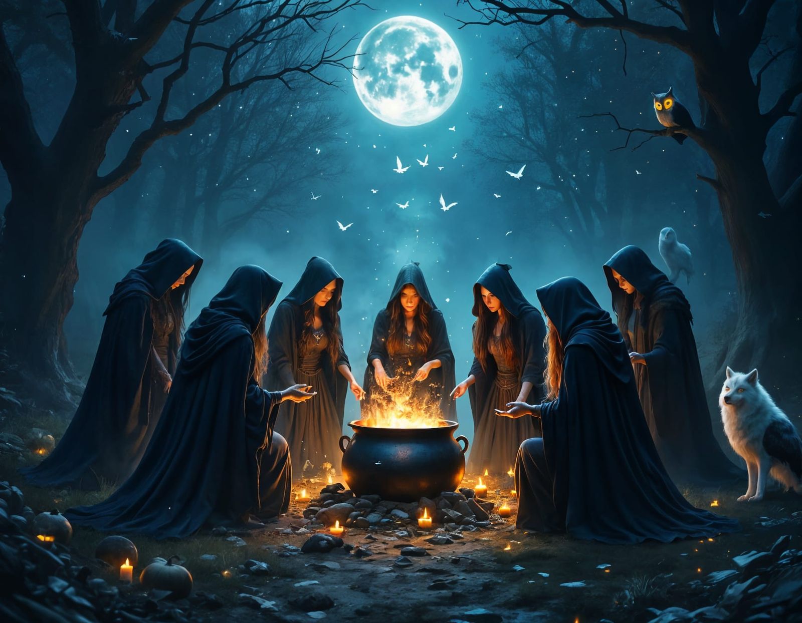 Witches Ritual in Moonlit Clearing Dark Fantasy Concept Art