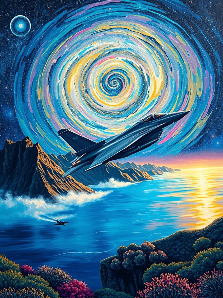 Cosmic Fighter Aircraft in Dreamlike Landscape
