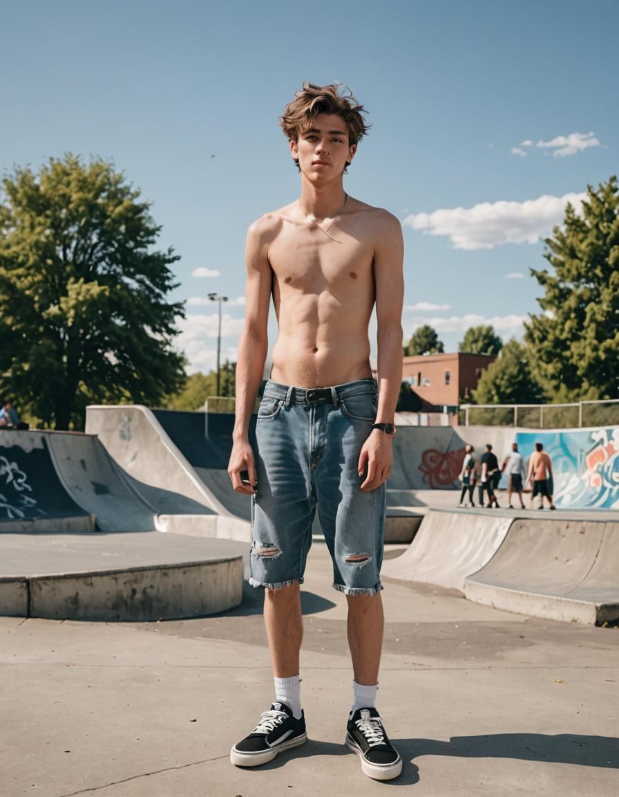 Shirtless Skater at Skate Park on Sunny Day