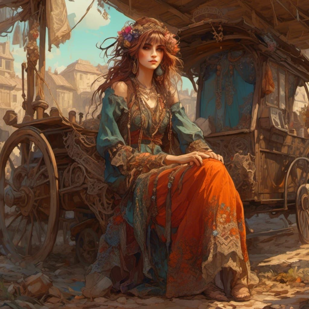 Punky Gypsy Woman in Alphonse Mucha Style