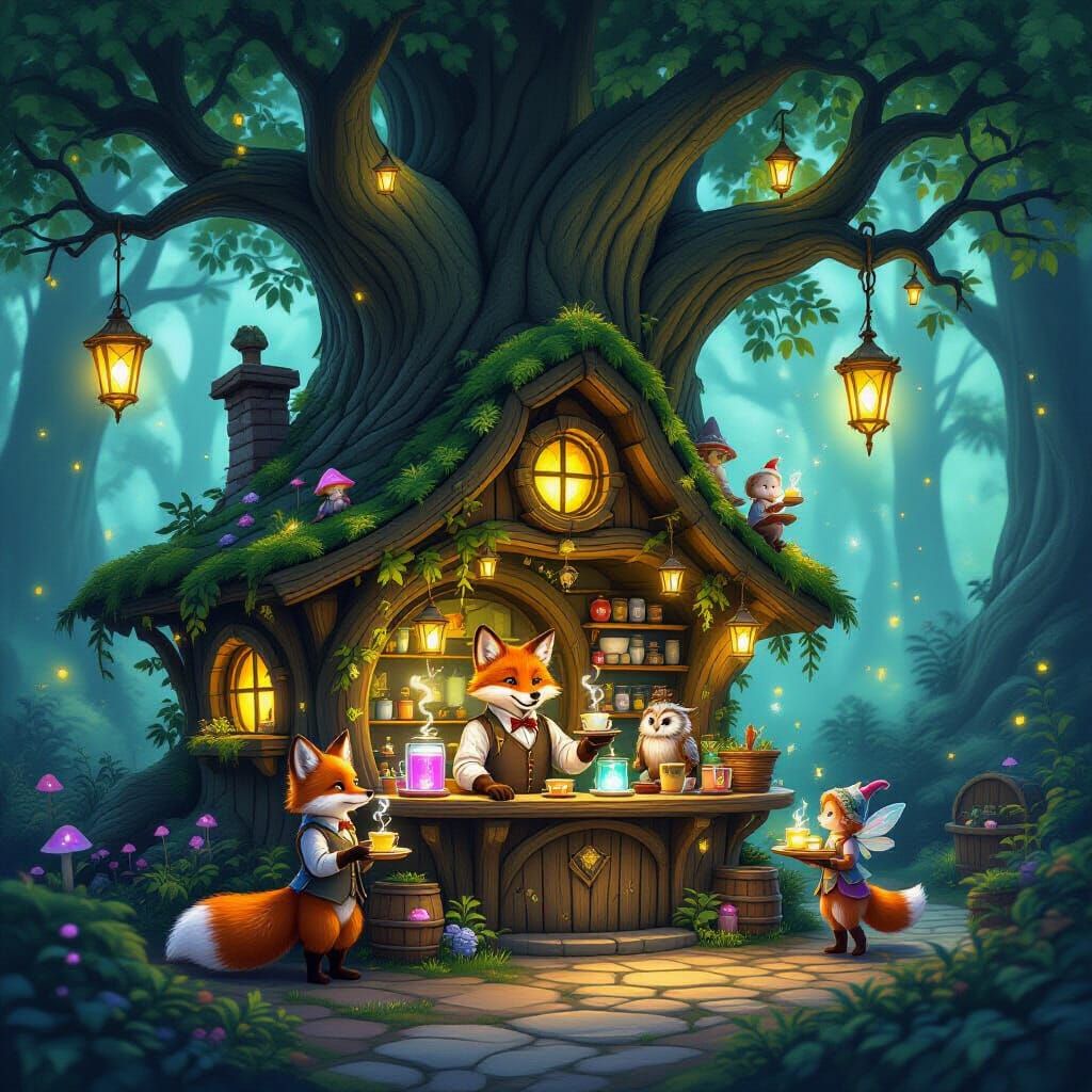 Enchanted Woodland Cafe with Mystical Creatures
