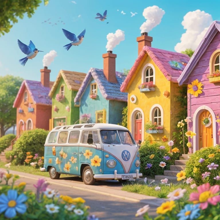Whimsical Colorful Houses with VW Bus and Blue Birds