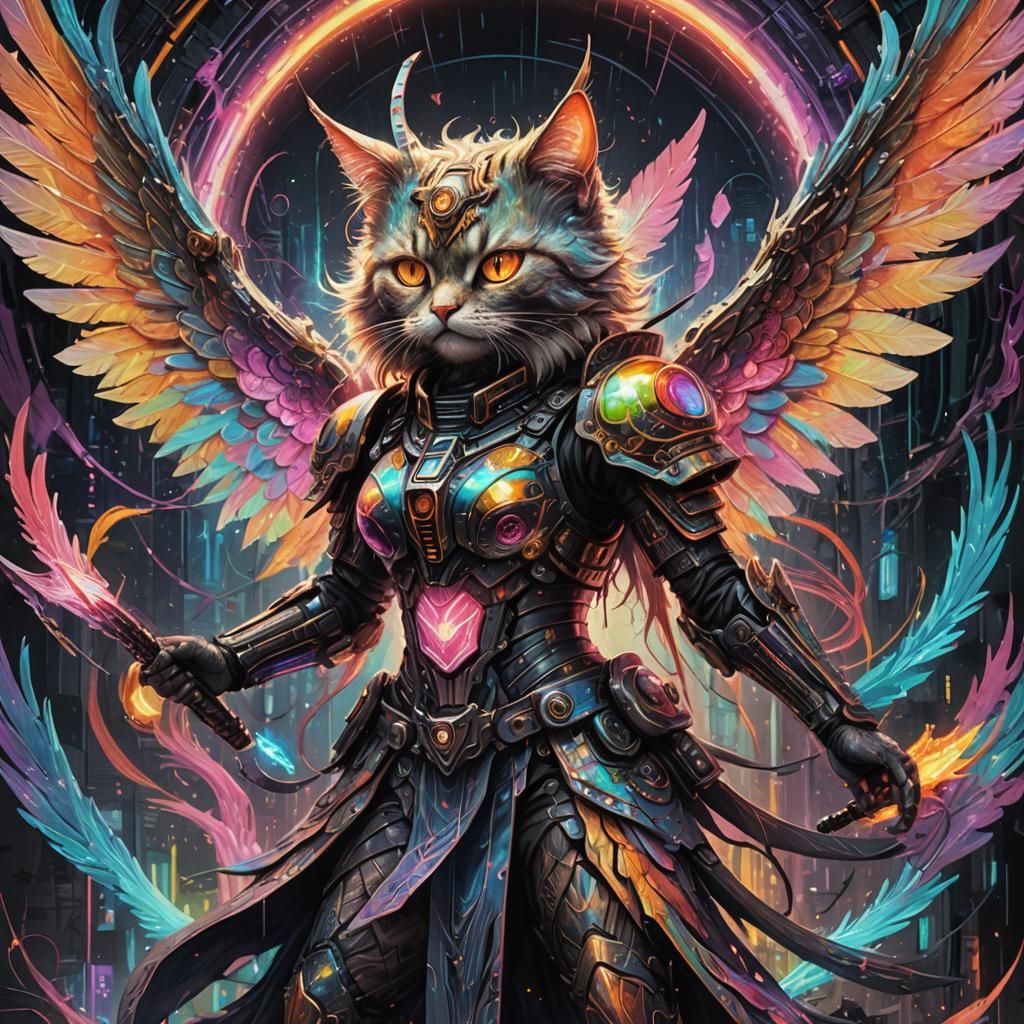 Cyberpunk Samurai Angel Cat Emerges from Portal