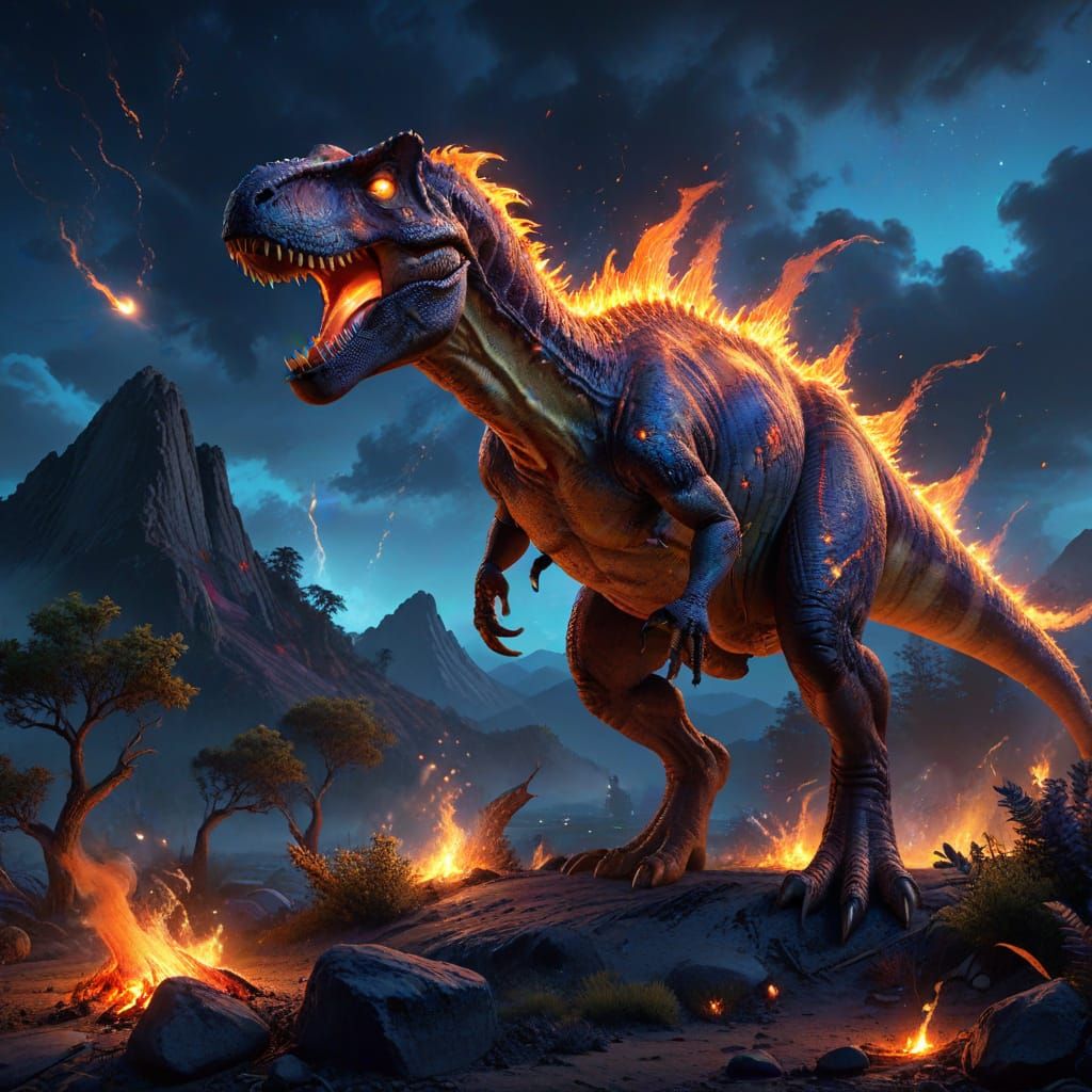 Photorealistic T-Rex in Fiery Nighttime Landscape
