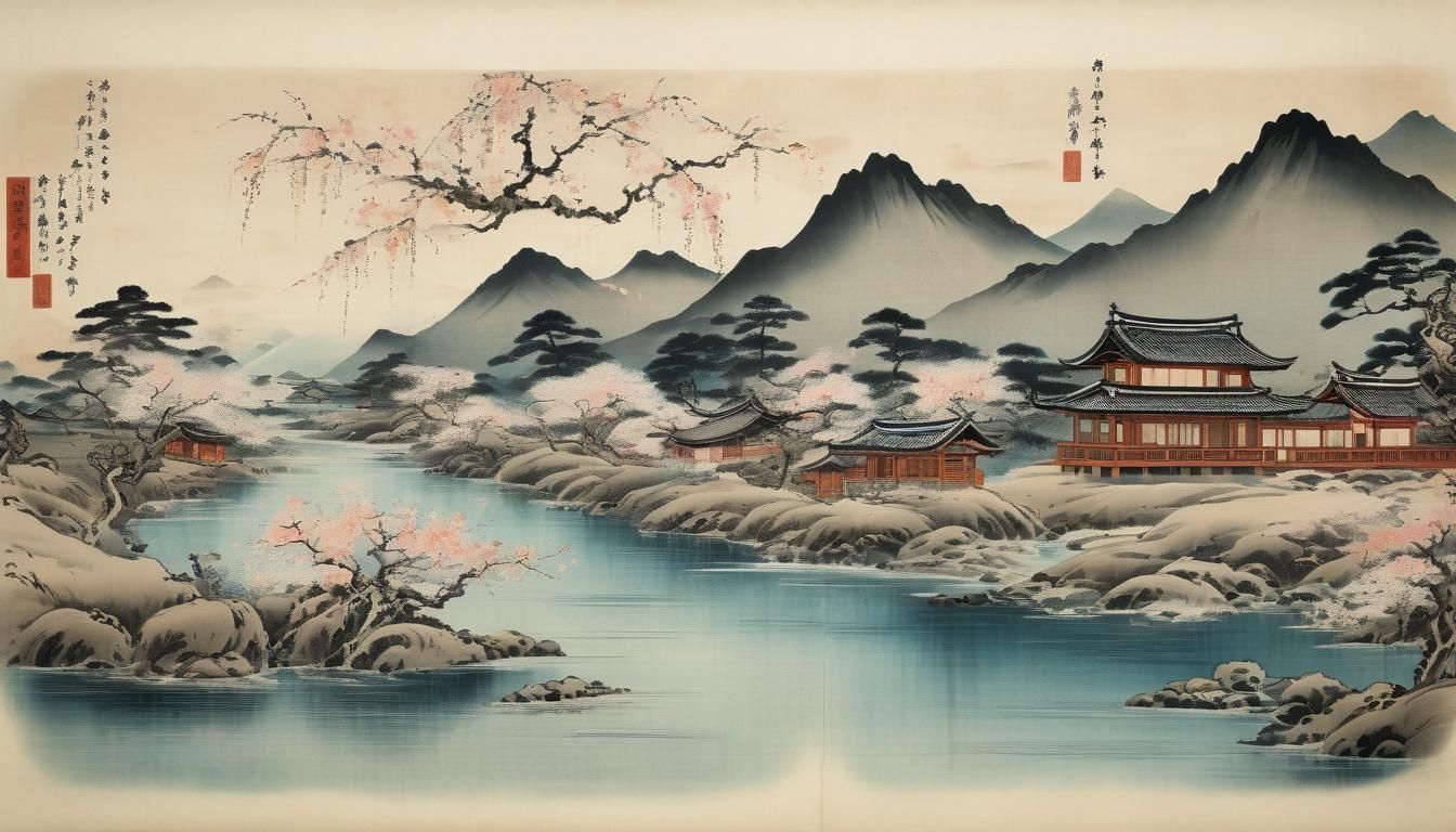 Japanese Landscape with Bull Drawings in Emakimono Style