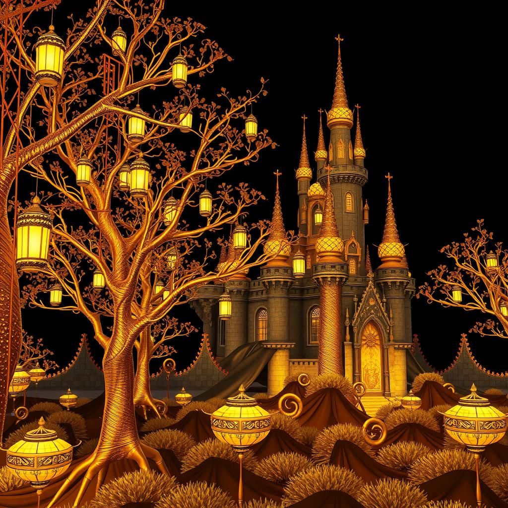 Golden Trees and Castle in Dark Fantasy Realm