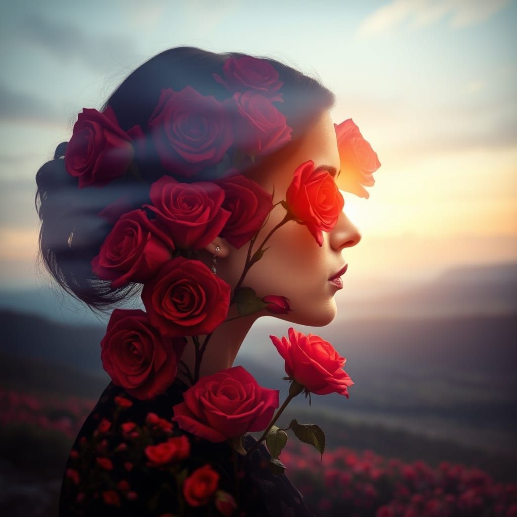 Surreal Double Exposure: Woman and Roses in Dreamlike Landsc...